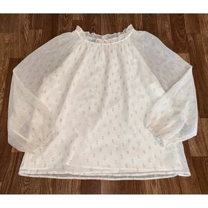 Talbots White Sheer Burnout Dot Ruffle Neck Long Sleeve Blouse Top Size L